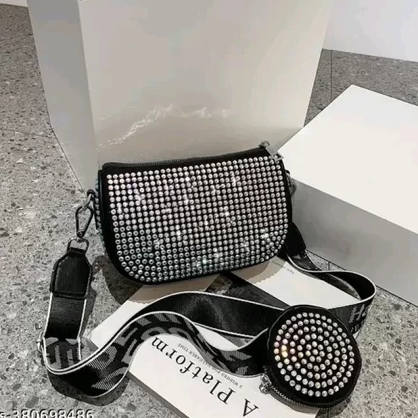 Women Studded Sling Black Silver Bag With Coin Pouch